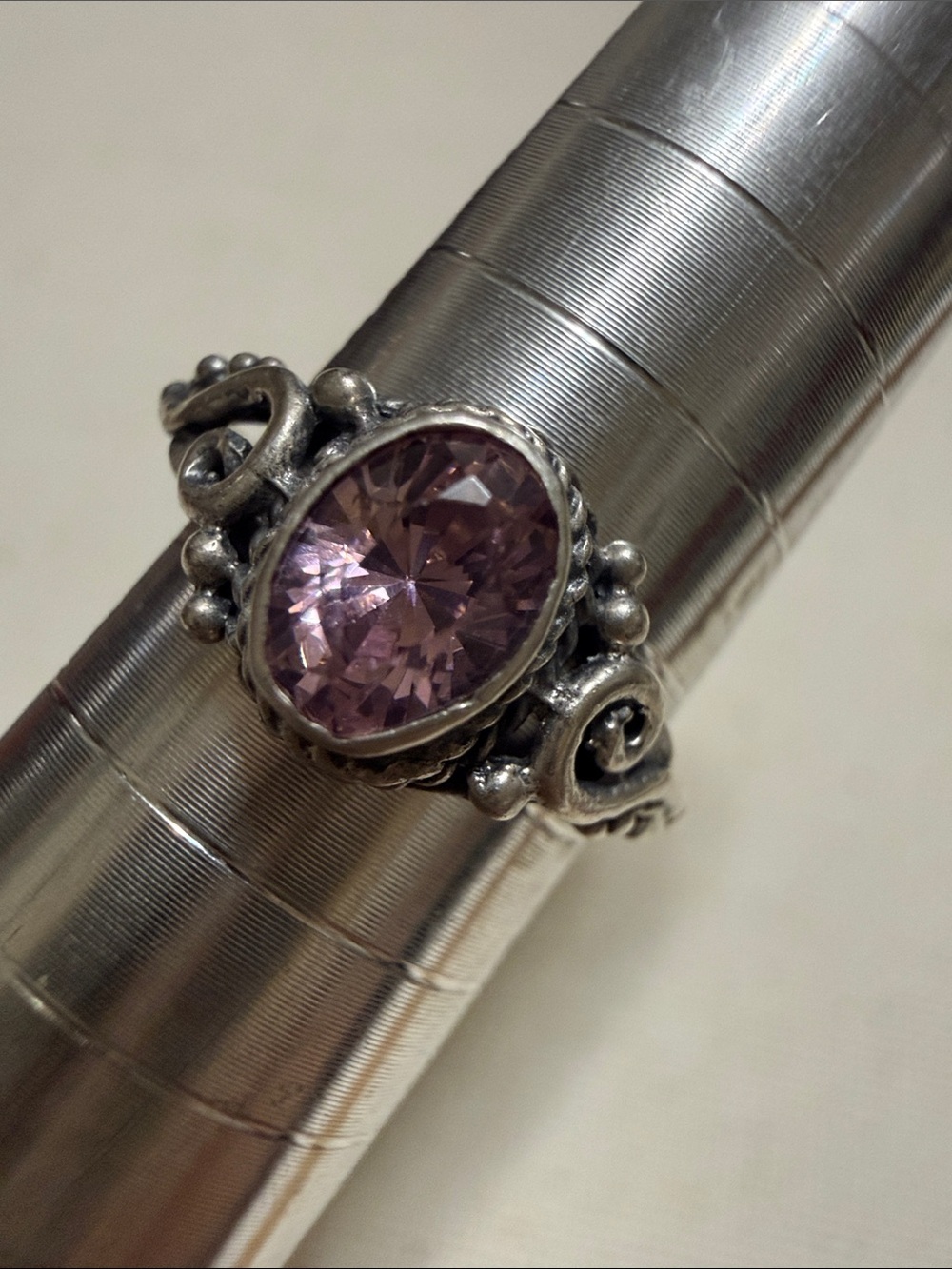 Sterling Silver 925 Filigree Ring with Pink Gemstone Crystal size 4.75 - Picture 1 of 12